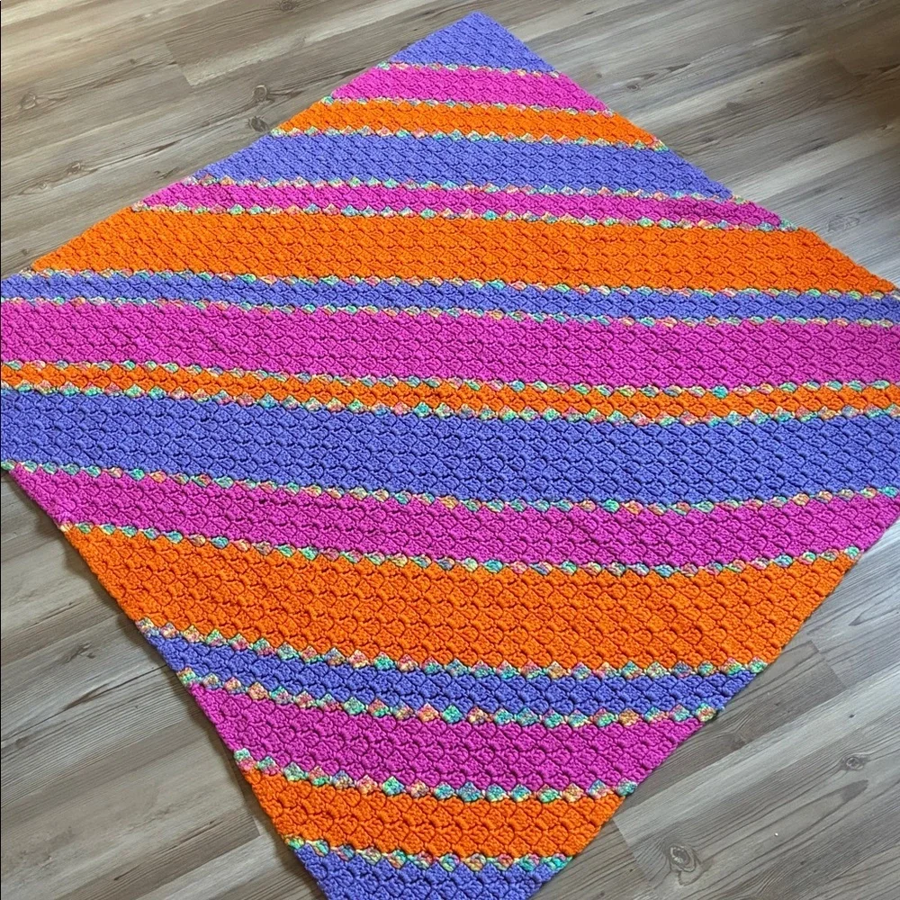 Multicolored Crocheted Blanket Throw Orange purple pink Handmade 40” X 40”